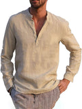 Mens Casual Cotton Linen Henley Shirts Long Sleeve T-shirt Tops Pullover Buttons