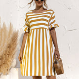Women Fashion Skirt Striped Printed Short Sleeve Round Neck Casual Dress Ruffles