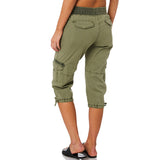 Women With Pockets Capri Pants Comfy Bottoms Loose Fit Casual Cropped Trousers Drawstring Elastic Waist Straight Leg Cargo Pant