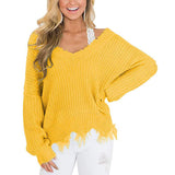 Women V Neck Ripped Tassel Knitted Sweater Jumper Off Shoulder Pullover Knitwear
