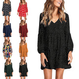 Womens Polka Dot Mini Dress Ruffled Long Sleeve V Neck Autumn A-line Loose Dress
