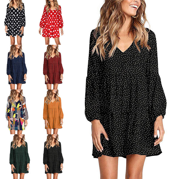 Womens Polka Dot Mini Dress Ruffled Long Sleeve V Neck Autumn A-line Loose Dress