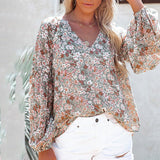 Ladies V-neck Floral Blouse Women's Lantern Long Sleeves Loose Fit Tops Shirts