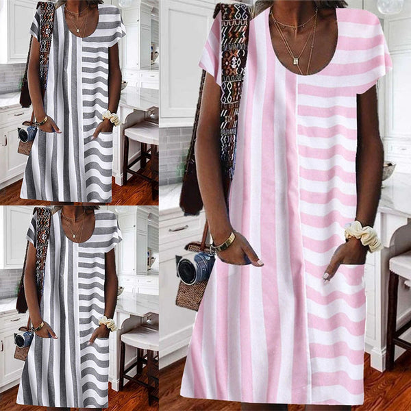 Women's Short Sleeve Midi Dress Ladies Summer Beach Loose Pockets Dress Sundress