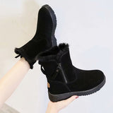 Lady Solid Color Ankle Boots Flat Shoes Warm Booties Side Zip Round Toe High Top