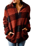 Women Fleece Plaid Jacket Coat Winter Warm Long Sleeve Zip Stand Collar Thick Outwear for Ladies Fashion Plush Comfy Coats With Pockets