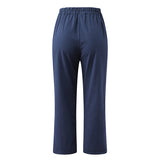 Women's Cotton Straight Capri Pants Casual Elastic Waist Trousers with 2 Pockets