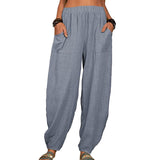 Women Solid Color Loose Cotton Linen Casual Pants Wide Leg Trouser with Pockets