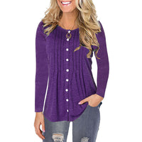 Women Long Sleeve Ruched Button Down Solid Color Tunic Top Ladies Crew Neck Casual Baggy T Shirt Blouse