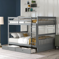 CUH Teens Adults Heavy Duty Full-Length Guardrail Bunk Beds Frame Wood With Ladders And 2 Storage Drawers Full-Over-Full Space-Saving