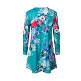 Women Floral Print Loose Lady Long Sleeve Mini Dress Round Neck Big Hem Dress