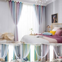 Eyelet Gradient 2 Layer Blackout Curtains + Mesh Starry Hollow-Out Stars Curtain Room Darkening Starry Curtain Window Drape for Kids Girls Children Bedroom Decor