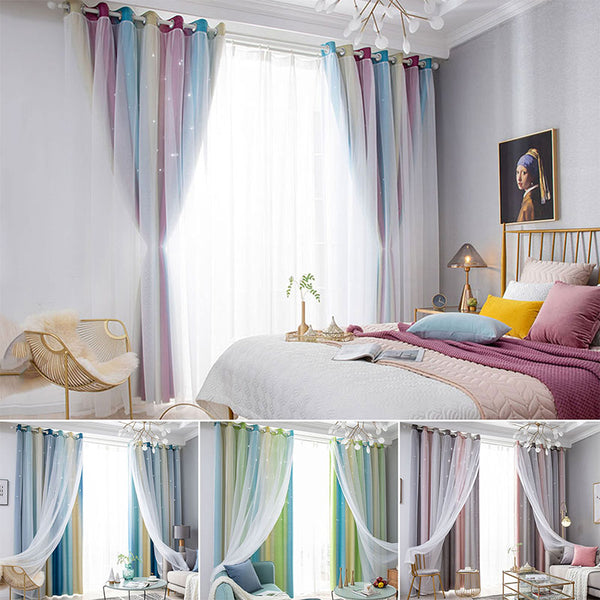 Eyelet Gradient 2 Layer Blackout Curtains + Mesh Starry Hollow-Out Stars Curtain Room Darkening Starry Curtain Window Drape for Kids Girls Children Bedroom Decor