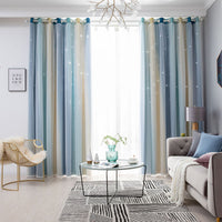 Double Layer Gradient Blackout + Sheer Curtains Starry Hollow-Out Stars Curtain Room Darkening Starry Curtain Eyelet Ring Top Window Drape for Kids Girls Children Bedroom Decor