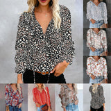 Women's Floral Print V Neck Loose Fit Long Lantern Sleeve T Shirts Pullover Tops