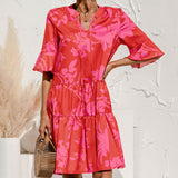 Ladies V-neck Flared Short Sleeves Cake Splicing Color Printed Casual Midi Dress