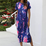 Lumento Women's Short Sleeve Split Maxi Dress Casual Tie Dye Print Shirt Long Dress with Pockets