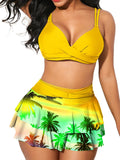 XS-XXL Women's Two Piece Swimsuit Bikini Set Summer Coconut Tree Prints Swimwear High Waist Tankini Double Suspenders Bra Tops+ Swimdress Bottoms Bathing Suits
