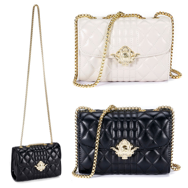 Women Fashion Quilted Crossbody Bag Leather Small Shoulder Handbag Satchel Purse with Metal Chain Strap