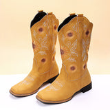 Ladies Sunflower Print Mid Calf Boots Slip On Daily Wear Chunky Heel Tall Boot
