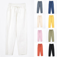 Ladies Cotton Elastic Waisted Pants Women Tapered Trousers Pockets Summer Solid Color Casual Bottom