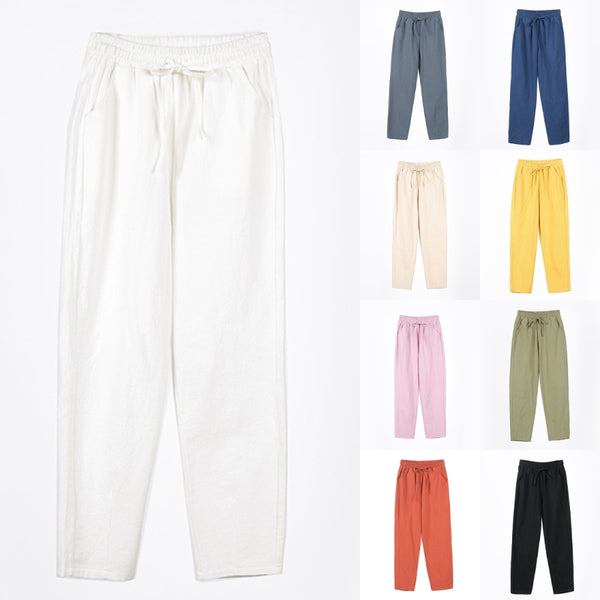 Ladies Cotton Elastic Waisted Pants Women Tapered Trousers Pockets Summer Solid Color Casual Bottom
