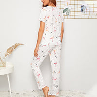 Women Short Sleeve Tops+Pants Round Neck Loungewear Sleepwear Outfit Graphic Print Pajama Set
