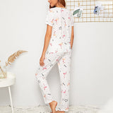 Women Short Sleeve Tops+Pants Round Neck Loungewear Sleepwear Outfit Graphic Print Pajama Set