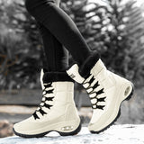 Lady Solid Color Mid Calf Boot Flat Casual Shoes Lace Up Round Toe High Top Warm