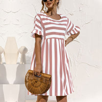Women Fashion Skirt Striped Printed Short Sleeve Round Neck Casual Dress Ruffles
