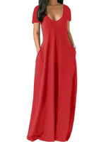 Women Solid Color Long Dress U Neck With Pockets Short Sleeve Comfortable Dress
