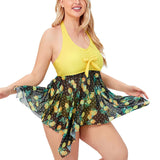 Women Plus Size Swimming Dress Yellow Swimsuit Tummy Control Swimwear Backless Beachwear Bathing Suit