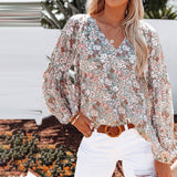 Ladies V-neck Floral Blouse Women's Lantern Long Sleeves Loose Fit Tops Shirts