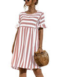 Women Fashion Skirt Striped Printed Short Sleeve Round Neck Casual Dress Ruffles