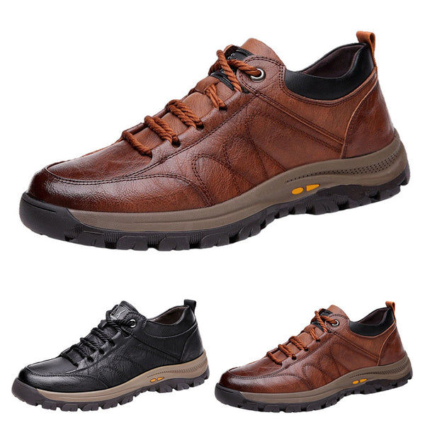 Men Leather Shoes Breathable Anti Slip Lace Up Hiking Sneakers Casual Flat Shoes