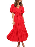 Women's Solid Color Dress Long Short Sleeve Lace Up V Neck Comfortable Dresses