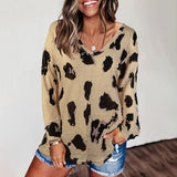 Women's Leopard Print V Neck Loose Fit Long Sleeve T Shirts Casual Comfort Tops