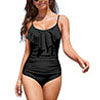 Women Monokinis Swimsuit One-piece Swimming Suit Ruffles Swimwear Round Neck Beachwear Tummy Control Bathing Suit With Push Up Bra Padded