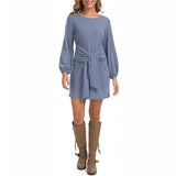 Women Solid Color Puff Sleeve Mini Dress Casual Loose Lace Up Pencil Tunic Dress