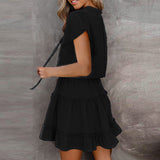 Women Solid Color Ruffle Edge Design Mini Dress Short Sleeve Casual V Neck Dress