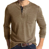 Men's Solid Color Chest Pocket Long Sleeve Button Round Neck Bottoming T-shirt