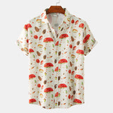 Mens Button Down Shirt Casual Loose Tops Summer Hawaiian Shirts Lapel Neck Short Sleeve T-shirt Mushroom Print Blouse