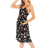 Women Backless Spaghetti Strap Dress Floral Print Pocket Summer Sexy Beach Dress