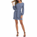 Women Solid Color Puff Sleeve Mini Dress Casual Loose Lace Up Pencil Tunic Dress