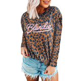 Women's Leopard Letter Print Sweater Long Sleeve Scoop Neck Tops Pullover Blouse