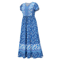 Lumento Women Floral Print Dress Summer V Neck Boho Dress Short Sleeve Long Maxi Dress