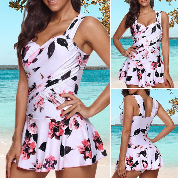 S-XL Women Tummy Control Swimwear Swimdress Square Neck Swim Dress Ruffles Swimsuit Floral Printed Beachwear Swimwear With Push Up Bra Padded