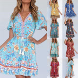 Women Summer Sun Dress Short Sleeve V-Neck Floral Mini Dress Boho Beach Retro V Neck Tassel Swing Tunic Dress