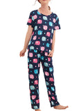Womens Sleepwear Pant Set Cute Print Juniors Girl Short Sleeve Loungewear Pajamas Casual Loose 2 Piece Summer Outfits