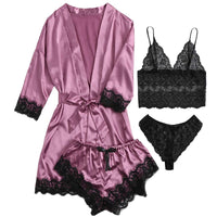Womens Satin Pajama Set 4 Pcs Floral Lace Trim Cami Lingerie Sleepwear with Robe Nightwear